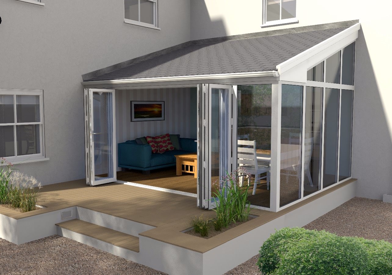 Modern white conservatory with grey tiles ultraroof installed